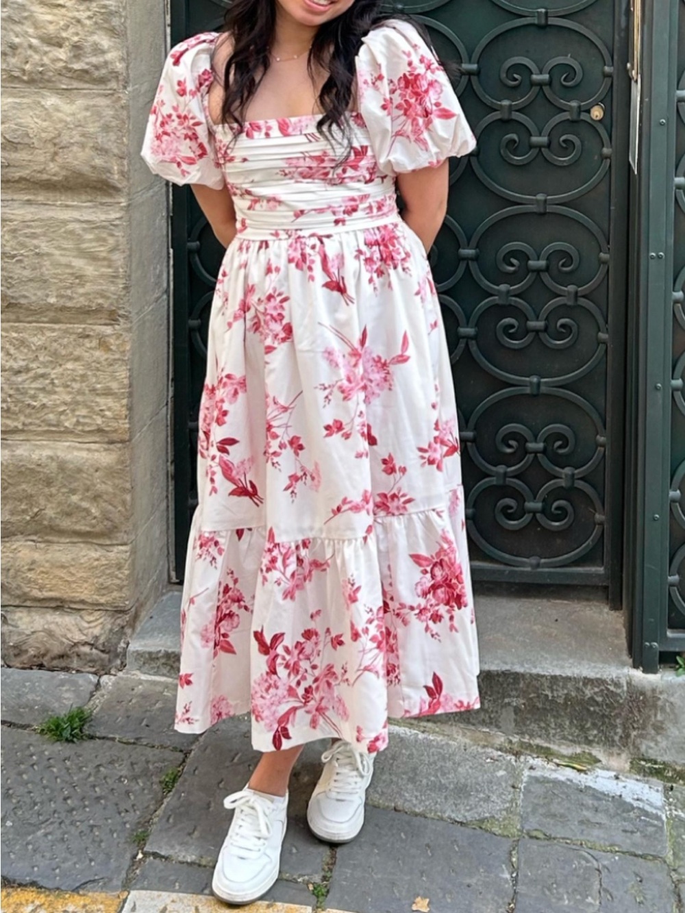 Abercrombie Emerson poplin Floral Puff-Sleeve Midi Dress Cream Rose Women LG EUC
